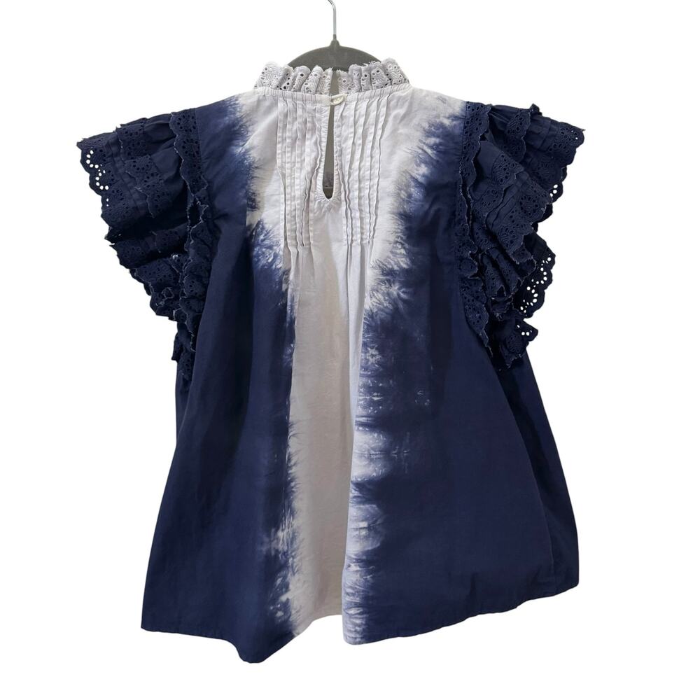 Sea New York Evelyn Eyelet Ruffle Tie Dye Blouse Blue White Size XS - Picture 6 of 8